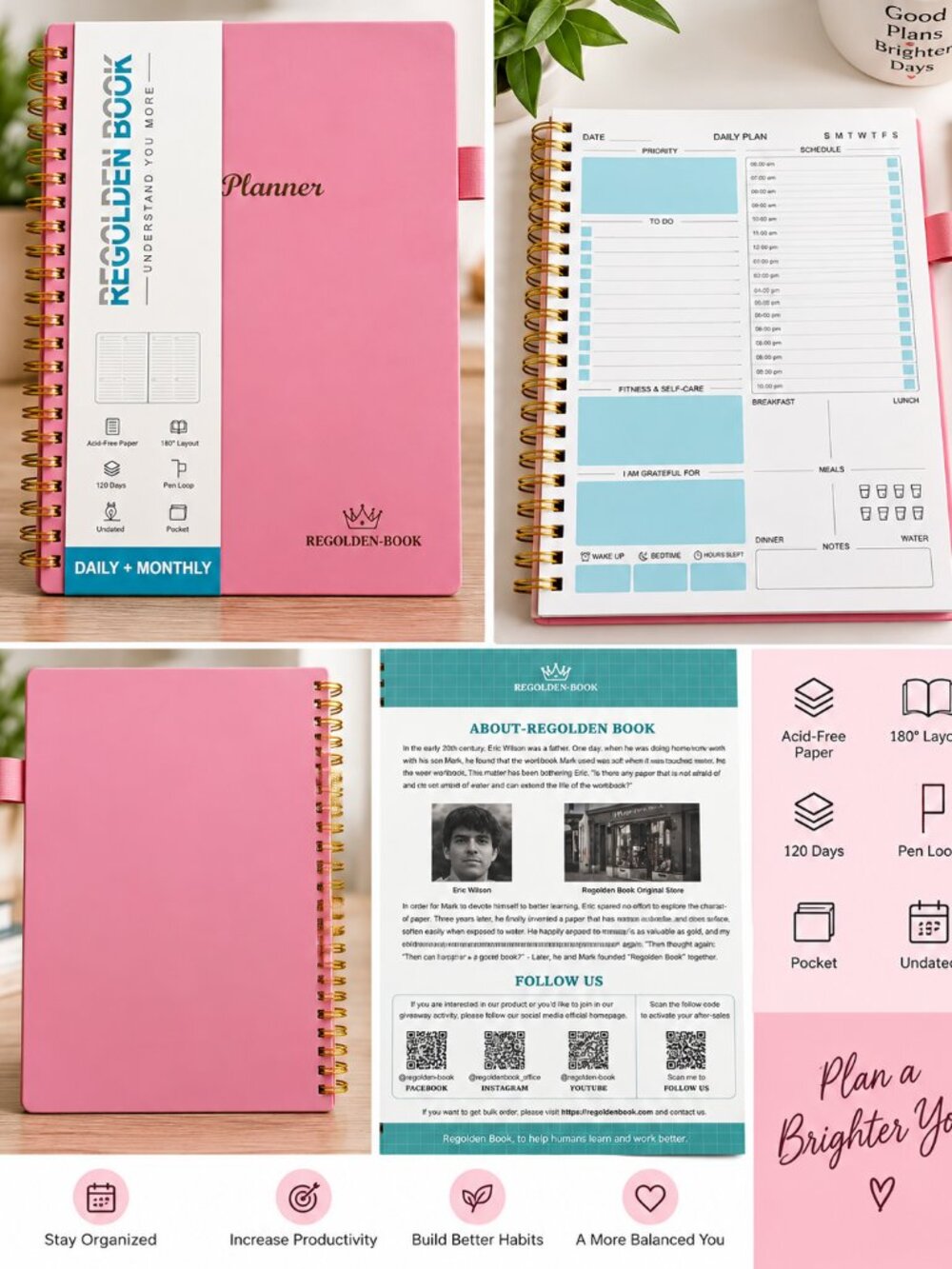 Regolden Undated Daily Monthly Planner Productivity Self Care Habit Tracker Pink